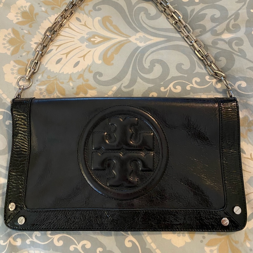 Tory Burch Reva black patent leather handbag